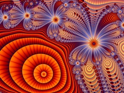 A delicate mauve foreground frames a vibrant orange background, like lacy bead curtains from the hippie era.