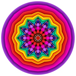 This simple mandala is formed of concentric rings around a beaded center, in a palette of rainbow hues.