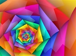 Rainbows of lively color in bright primary hues spiral into the center of this image, which features jagged, zigzag lines and triangle shapes.