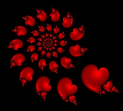 Like flowers, hearts express both love and sorrow. These somber hearts, in the red of blood, glow against a black background and seem more appropriate for the latter.