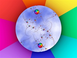 Here's a lively collection of rainbow balloons against a blue sky, framed in a prism of rainbow colors.