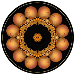 The round glowing spheres in this mandala resemble pearls or beads and come from our Inner Ring fractal which has a space and sci-fi feel. The warmth and three-dimensionality of this image make it especially appealing.