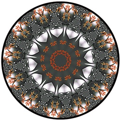Made from our Flame Leaves fractal, this mandala features naturalistic motifs, strong radial symmetry, and an orange and black colour scheme.