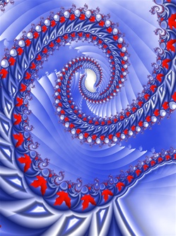 A swirl of brilliant red maple leaves spirals into the deep blue stepped background of this image.