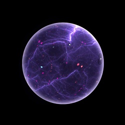 A glowing round blue sphere or planet floats against space, emanating sparks of electrical energy.
