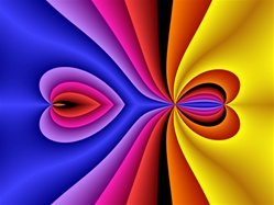 Vibrant rainbow stripes surround a heart shaped eye in this colorful abstract fractal.