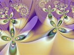 An agitated swarm of fractal butterflies, dragonflies — or are they fighter jets? — seems to buzz the viewer in this scene of aerial acrobatics in gold, magenta, and camouflage colors.
