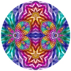 This lively mandala features ribbons of metallic rainbow hues, with strong bilateral symmetry.
