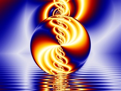 In this abstract fractal, a glass ball floats over a calm body of water reflecting electrifying light patterns from the sky behind. Shades of deep blue, red, orange, and yellow evoke a calm summer evening.