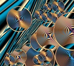 This abstract fractal artwork in metallic shades of blue, magenta, and gold places a cluster of semi-transparent discs against a diagonal blue background.