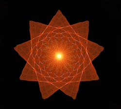 Translucent and glowing with an inner light, this mesmerizing orange star has a delicate knitted or woven texture and a slightly Moorish feel. Fine white threads give the piece an almost smocked appearance.