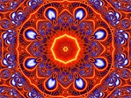This delicate, lacy kaleidoscope, in rich blues and oranges, evokes a fiery sunset and has a moorish feel. Great subject for a jigsaw puzzle!